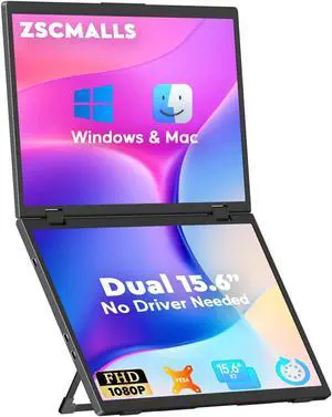 ZSCMALLS 15.6" Dual Monitors (Wins/Mac) Folding Stacked Portable Dual Monitor, USB C Travel Extended Display with VESA Triple Portable Monitor for Laptop PC