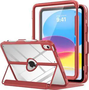 MoKo for iPad 11-inch (A16) 11th Generation Case 2025/ iPad 10th Generation Case with Pencil Holder 2022 10.9 inch, Built-in Screen Protector Clear Back, Multi Angle Viewing Stand,Red