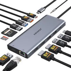 USB C Docking Station Dual Monitor for Dell/HP/Lenovo Laptop, Single 8K@30Hz/4K@120Hz, Triple 4K Display USB C Hub Multiple Adapter with 2 HDMI+DP+USB3.1+6 USB+RJ45+PD+SD/TF+Audio for iPhone 15