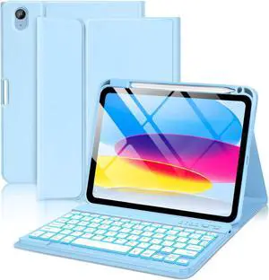 aMZCaSE for iPad 10th Generation Case with Keyboard 10.9 Inch(2022),7 Colors Backlight Keyboard Case,Detachable Wireless Keyboard Cove with Pencil Holder for New iPad 10th Gen,Light Blue