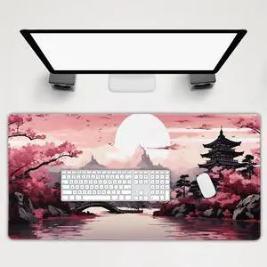 Pink Japanese Sakura Gaming Mouse Pad Extended 3XL Cherry Blossom Tower Mountain Landscape Large Desk Mat Big Mousepad Non-Slip Rubber Base Stitched Edge Long Desk Pad for Gamer,47.2x23.6in,120x60cm