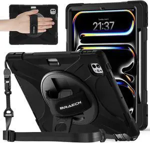 BRAECNstock for Apple iPad Pro 13 inch Case 2024 (M4), Shockproof Protective with Pencil Holder, [360 Rotating Hand Strap & Stand], Shoulder Strap, Case for iPad Pro 13, Black
