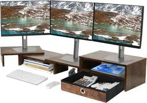 Caredear Monitor Riser for 3 Monitors, Dual Monitor Stand for Desk, Triple Monitor Stand with Drawer, Dual Monitor Stand with Storage, Extra Long Triple Monitor Riser up to 52", Angle Adjustable