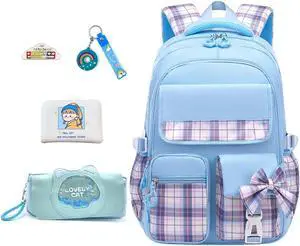 dKargo 5Pcs Blue Backpack for School Girls - Kawaii Elementary School Bookbag for Kids Cute Plaid Girls Daypacks for Students Teen Kids Casual Travel Bag (Blue Plaid)