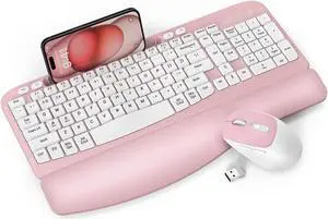 Wireless Keyboard and Mouse Combo, EAYBLLY Wave Keys Wireless Ergonomic Keyboard with Cushioned Wrist Rest, Phone Holder, 2.4GHz Silent Cordless Mouse Set for Computer, Laptop, PC, Windows