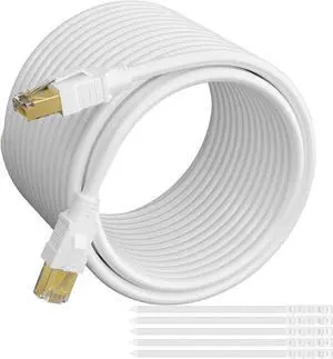 CAT 6E Cat 7 Ethernet Cable 250 Ft White, Elecan High-Speed Triple Shielded Internet Network Cable, S/FTP, POE, 26AWG 10Gbps Long CAT6A RJ45 LAN Cable Cord, Flexible&Durable for Outdoor&Indoor+Ties-WH