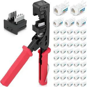 Bundle - 3 Items: 45Term - 45deg Angled Speed Termination Tool + Replacement Head + 45deg Angled Cat6 Keystone Jacks in White (50 Pack)