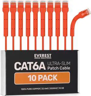 Everest Ultra-Slim Cat6A Ethernet Patch Cable 15ft (10-Pack) Orange - 15ft Cat6 Patch Cables - 100% Pure Bare Copper Wire - 10GB Cat 6a Ethernet Cable - Bendable, Thin & Flexible