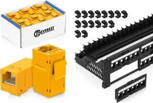 Everest Media Solutions Bundle - 2 Items: 48-Port Keystone Patch Panel + 24 Pack of RJ45 CAT6 Keystone Couplers - Yellow