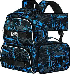 FTJCF 17 Inches Backpack for Boys Men, 3Pcs College Laptop Backpacks with Lunch Bag, Water Resistant Graffiti School Bookbag Set for Teens Students(Blue)