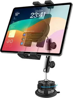 GDZN Dashboard Truck Tablet Mount, [Dual Knob Lock] Car/Pickup Truck Suction Cup Tablet Holder, Ultra Sturdy Metal Arm Semi Truck Windshield Stand for iPad Pro 11 12.9, Galaxy Tab, Fire, 4-13" Devices