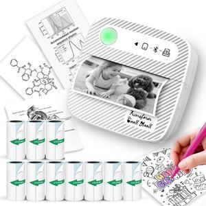 Mini Printer, Sticker Printer with 10 Rolls Sticker Paper, Bluetooth Thermal Printer Compatible with iOS & Android, Mini Pocket Printer Portable and Inkless for Study Notes, Pictures, DIY, Label