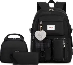 Acmebon Girl Roomy Fashion Laptop Backpack Set Casual Daypack Set for Women Black