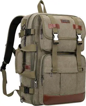 WITZMAN Canvas Travel Backpack for Men Large Laptop Backpack Fit 17 inch Carry-on Airline Approved Convertible Shoulder Rucksack(A6617-3 Army Green)
