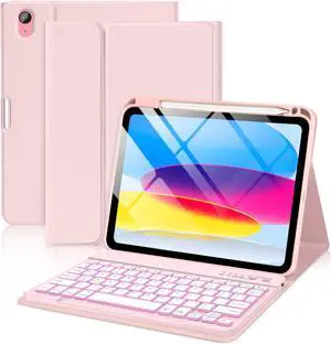aMZCaSE for iPad 10th Generation Case with Keyboard 10.9 Inch(2022),7 Colors Backlight Keyboard Case,Detachable Wireless Keyboard Cove with Pencil Holder for New iPad 10th Gen,Light Pink