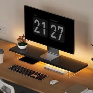 AFOOYO Monitor Stand Riser,31.5-Inch LED Light Wood Computer Monitor Stand with Adjustable Acrylic Legs,Desk Accessories Desktop Organizer Stand for Computer,Laptop,Printer,PC TV Screen Riser,Black