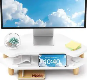 AFOOYO Monitor Stand Riser,2 Tier Corner Wood Monitor Stand Sturdy Computer Stand Multi-Purpose Desktop Storage Stand for Laptop,PC,iMac,Printer,Computer,White