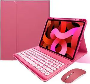 KMXDD Keyboard Case Compatible with iPad 9th 8th 7th Generation Air 3rd Gen Pro 10.5 Keyboard Case with Bluetooth Mouse Round Key Cute Removable Color Keyboard,Begonia Red