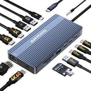 ANYOYO USB C Docking Station Dual Monitor 4K60HZ, 14-in-1 Docking Station 3 Monitor(2 HDMI+USB C Video Out),10Gbps(4*USBC+1A),PD100W,1G Ethernet, Laptop Dock for Dell,HP, Lenovo