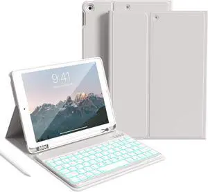 aoub Keyboard Case for iPad 9th Generation 2021, iPad 8th/7th Generation 2020/2019 10.2 Inch - 7 Colors Backlit Wireless Detachable Folio Keyboard Soft TPU Back Cover with Pencil Holder - Gray
