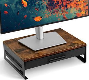 ARCOBIS Wooden Monitor Stand with Fabric Drawer, Metal Computer Monitor Riser with Storage, Desk Organizer Shelf for PC, Laptop, Compact Keyboard, Printer, Rustic Brown