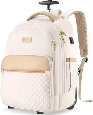 Arcoyard Rolling Backpack For Adults With Wheels, 40L Wheeled Backpack For Women, Travel Roller Backpacks, Carry On Luggage, Rolling Bag, Beige