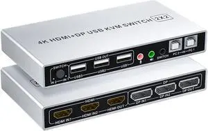 DP Plus HDMI KVM Switch for 2 Computers in 2 Monitors Out, ALYYDBG 4k@60hz Dual Monitor KVM Switch Support HDMI + DP in to HDMI + DP Out