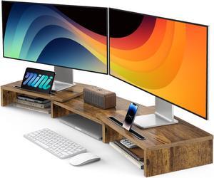 AMERIERGO Dual Monitor Stand Riser- 3 Shelf Screen Stand with Adjustable Length and Angle, 2 Extra Functional Slot Desktop Organizer Stand for PC, Computer, Laptop (Rustic Brown)