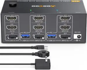 Triple Monitor KVM Switch 8K@60Hz 4K@144Hz HDMI+DP USB 3.0 Switch Extended Display 3 Monitors 2 Computers KVM with USB 3.0 Cables Wired Controller
