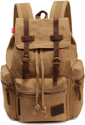 AUGUR High Capacity Canvas Vintage Backpack - for School Travel 12-15" Laptop Backapcks for Men Casual Daypacks Rucksack (M-Khaki)