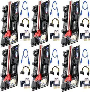 6 Pack PCIe Riser 1x to 16x, GPU Mining Riser Card Powered Riser Adapter Card VER010S PCI-E Extension Cable with LED & Triple Power Supply - GPU Riser Extender Mining ETH