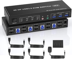 USB 3.0 Displayport Dual Monitor KVM Switch for 4 PCs, 4K 60Hz KVM Switch 2 Monitors 4 Computers, with Audio Microphone Output and 3 USB 3.0 Ports, DP Monitor Switch for 4 PCs 2 Monitors