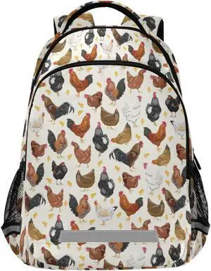 JIPONI Cute Chicken Rooster Pattern Backpack For Girls Boys School Kids Bookbag Travel Laptop Backpack Purse Daypack With Chest Strap