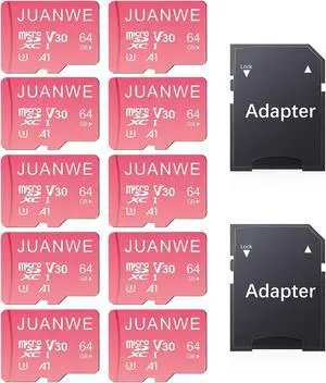 JUANWE 10 Pack 64GB Micro SD Card 64 GB Memory Card MicroSDXC SD Card 64GB TF Cards UHS-I A1 U3 V30 for 4K Video Recording (10 Pack, Pink)