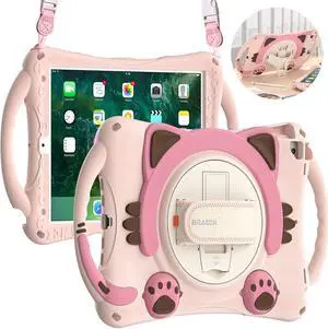 BRAECN Cute Case for Apple iPad 9th 8th 7th Generation 10.2 2021 2020 2019/iPad Air/Pro 10.5 2019/2017,Shockproof Silicone Kids Case with Stand Shoulder Strap Hand Strap Handle Grip Pencil Holder-Pink