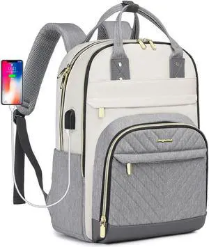 Laptop Backpack Women Work Bag - Travel Backpack Purse with USB Charger 15.6 Inch Nurse Bag College Teacher Business Backpack Waterproof Laptop Bag Beige Grey