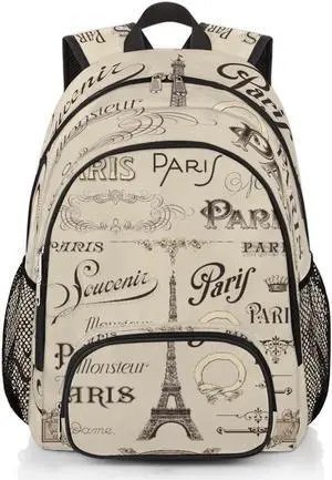 Vintage Paris Eiffel Tower School Backpack, College School Bags Lightweight Laptop Backpack Bookbag Casual Daypack Rucksack Elementary Preschool Backpack