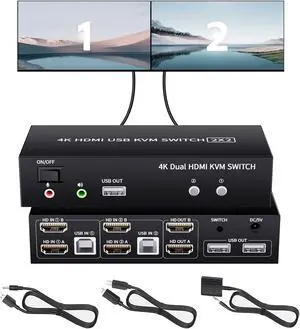 BolAAzuL 2-Port HDMI USB KVM Switch 4K@60Hz, Dual-Port USB 2.0 HDMI 2.0 KVM Switcher 2X2, Keyboard Mouse Peripherals Switcher KVM HDMI USB 2 in 2 Out for 2 PCs 2 Monitors