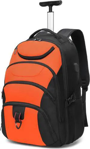 Boavan Rolling Backpack,17 inch Water Resistant Wheeled Backpack,Carry on Luggage Business Bag, Overnight College Computer Backpack Trolley Suitcase for Men Women Adults to Travel,Black&Orange
