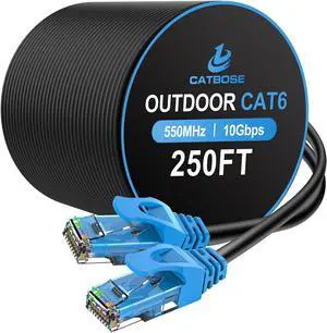 250FT Outdoor Cat6 Ethernet Cable, Heavy Duty Direct Burial, In-Ground, POE, Waterproof, LLDPE UV Resistant, UTP, 24AWG CCA Solid Cord, Network, Internet, LAN, Cat 6 Patch Cable - 250 Feet