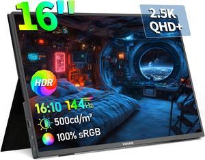 BOMJUPBR 16'' 2.5K Portable Monitor, 144Hz 2560 * 1600P QHD Portable Laptop Monitor, HDR Freesync Gaming Monitor, USB-C HDMI External Second Screen, for Laptop/PC/Mac/Phone/PS5 /Xbox/Switch