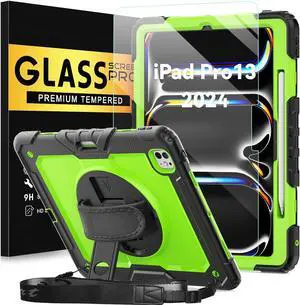 BLOSOMEET Rugged Green Case for iPad Pro 13 Inch 2024 M4 with Tempered Glass Screen Protector & Handle Pencil Holder,Kids Case for iPad 13 Pro with Kickstand,Shoulder Strap