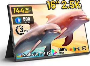 Kinhank 2.5K 144Hz Portable Monitor 16'', Android TV 12.0 OS,2560 * 1600P QHD IPS Portable Gaming Display,FreeSync,500Nits Screen USB-C HDMI Travel Monitor for Laptop PC MAC Phone PS5 Xbox Switch