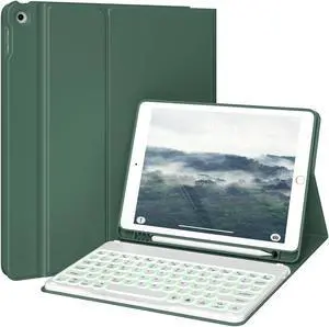 KVTVOU for iPad 9th/8th/7th Generation Case with Keyboard (2021/2020/2019) - 7 Colors Backlit Wireless Detachable Folio Keyboard Cover with Pencil Holder for iPad 10.2 Inch, Dark Green