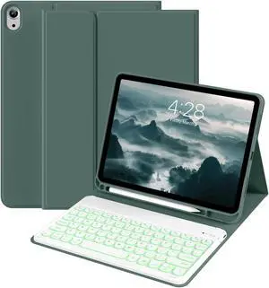 BQDIYOO for iPad 11th/10th Generation Case with Keyboard 2025 2022, 11 inch A16/10.9" 7 Color Backlit Wireless Detachable Keyboard Case with Pencil Holder, Auto Sleep/Wake Tablet Cover, Dark Green
