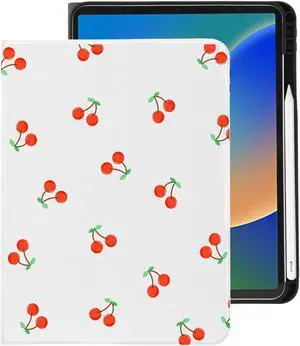 Cute Kawaii Cherry for iPad Pro 13 Inch Case M4 2024 (7th Generation) with Pencil Holder, Auto Sleep/Wake and Multiple Viewing Angles, White Leather Soft TPU Back Cover