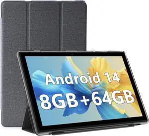 Android 14 Tablet, 10 inch Tablets with Case, 8GB RAM+64GB ROM/ 1TB Expandable Tablet, 1.8Ghz Quad-core Processor, 1280*800 IPS Touch Screen, 8MP Camera, 6000mAH Battery, 2.4G/5G Wifi 6 BT 5.0 Tableta