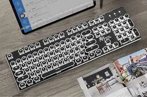 Retro Vintage 104- Key Hot-Swappable Mechanical Wireless Keyboard with White LED Backlit Typewriter: Bluetooth/2.4 G/USB for Multi-Device: PC/Mac/iPad/Smartphone/(Blue Switch, Rechargeable, Black)