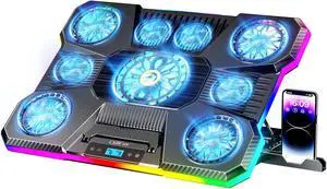 ChillCore Laptop Cooling Pad, RGB Lights Laptop Cooler 9 Fans for 15.6-19.3 Inch Laptops, Gaming Laptop Fan Cooling Pad with 8 Height Stands, 2 USB Ports - A21 Blue