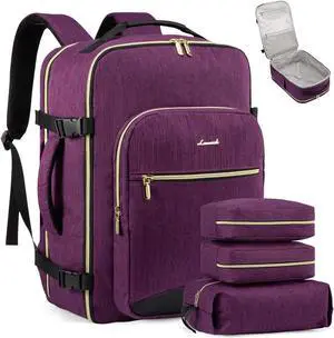 LOVEVOOK Large Travel Laptop Backpack Women, 50L Flight Approved Carry on Backpack Waterproof 18 inch Luggage Daypack Business Weekender Overnight Bag with 3 Packing Cubes, Dark purple-Black